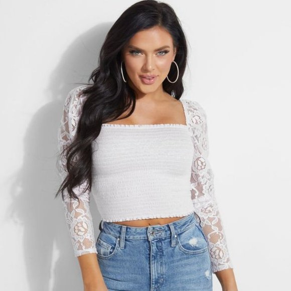 Guess Smocked Lace Sleeve 'Nila' Top SIZE SMALL - Picture 1 of 6